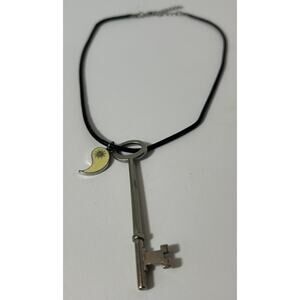 Vintage Skeleton Key Pendant Necklace with Sun Charm on Black Cord 16"
